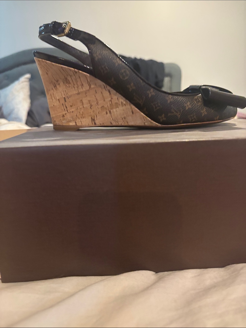 Louis Vuitton Brown Monogram Slingback Cork Wedges with Bow